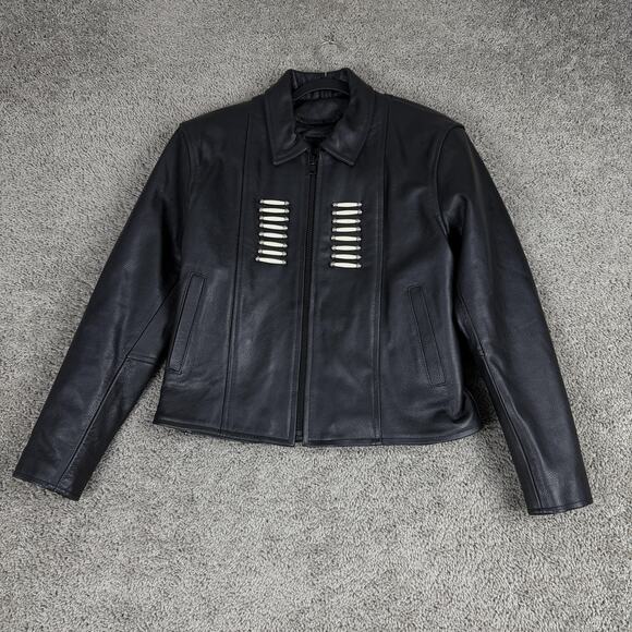 Jim Leather Jacket Womens Large Black Western Bone Bead Biker Motorcycle Zip - Picture 2 of 11
